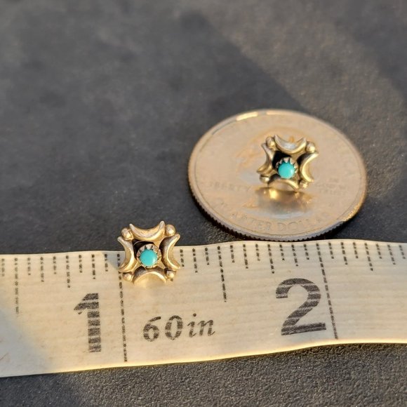 Native American Fred Harvey Era turquoise crescent moons raindrops sterling stud - Picture 5 of 15